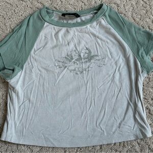Green and White Women's Top Angel Baby Design Size Small